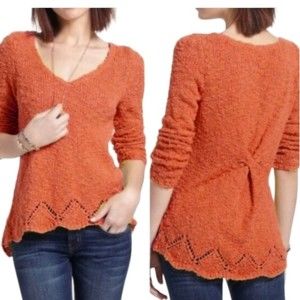 y2k Anthropologie Yellow Bird Peach Orange Pointelle Sweater Medium